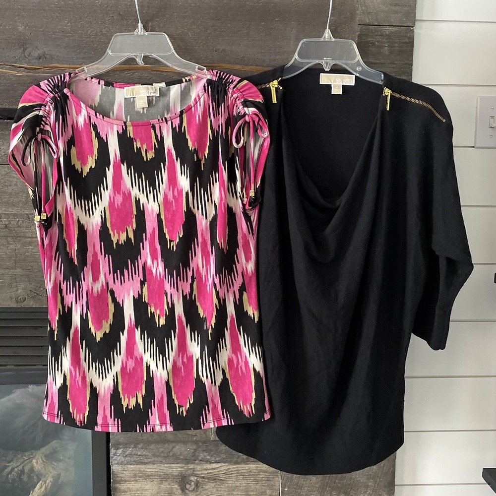 2 Womens MICHAEL KORS Medium Tops Shirts Lot 3/4 Sleeve Black Sweater Stretchy